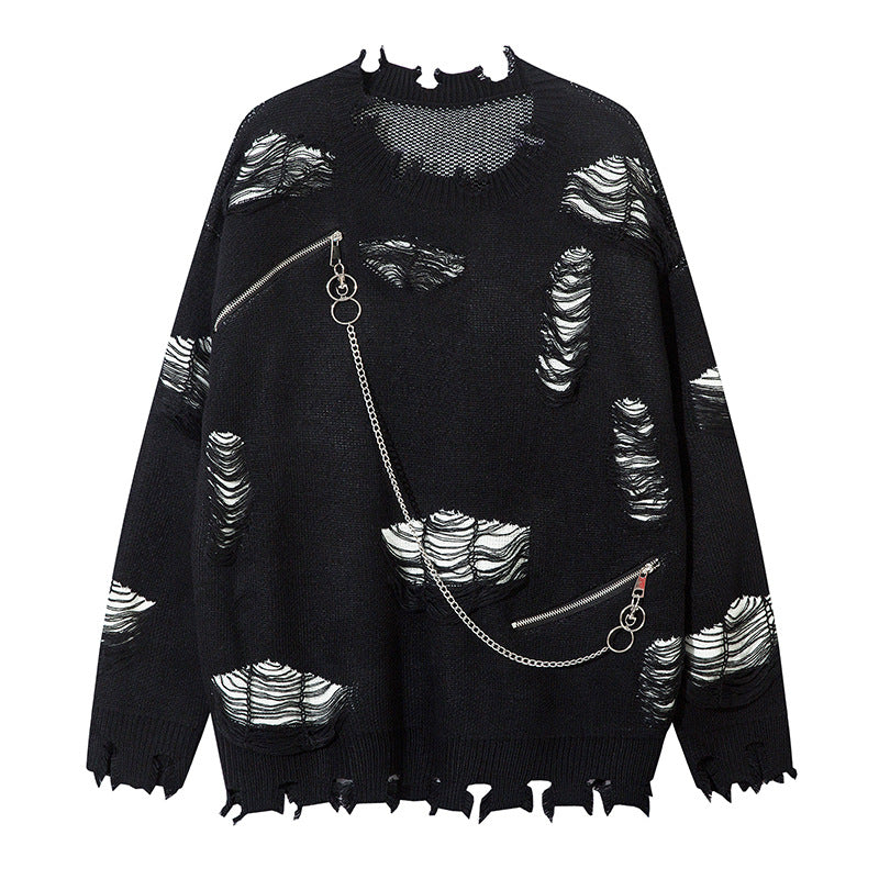 Woman wearing Ripped Chain Splicing Loose Knit Sweater in an urban setting