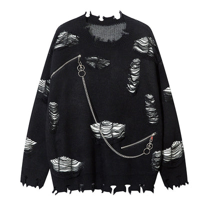 Woman wearing Ripped Chain Splicing Loose Knit Sweater in an urban setting