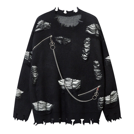Woman wearing Ripped Chain Splicing Loose Knit Sweater in an urban setting