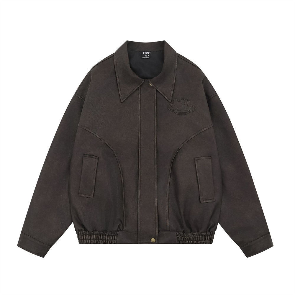 Woman wearing Women's Loose Fit PU Leather Zip-Up Jacket in a casual outdoor setting