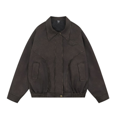 Woman wearing Women's Loose Fit PU Leather Zip-Up Jacket in a casual outdoor setting