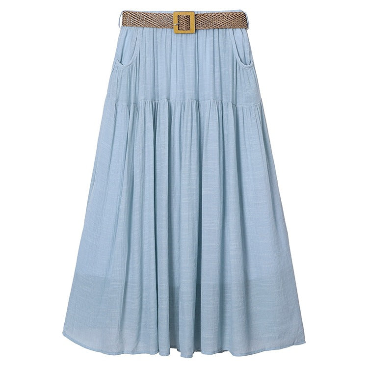 Woman wearing Belt Double Pocket Skirt in a casual outdoor setting