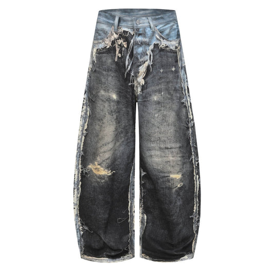 Woman wearing Loose Wide Leg Printed Denim Pants in urban setting