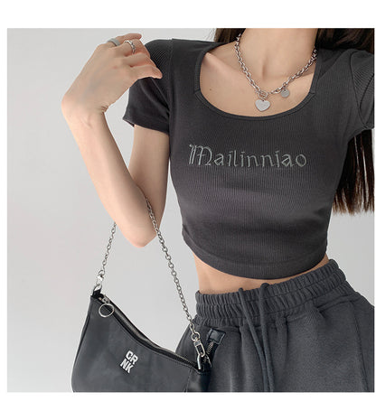 Vintage Letter Embroidery Fitted Bodysuit | Tajstylo