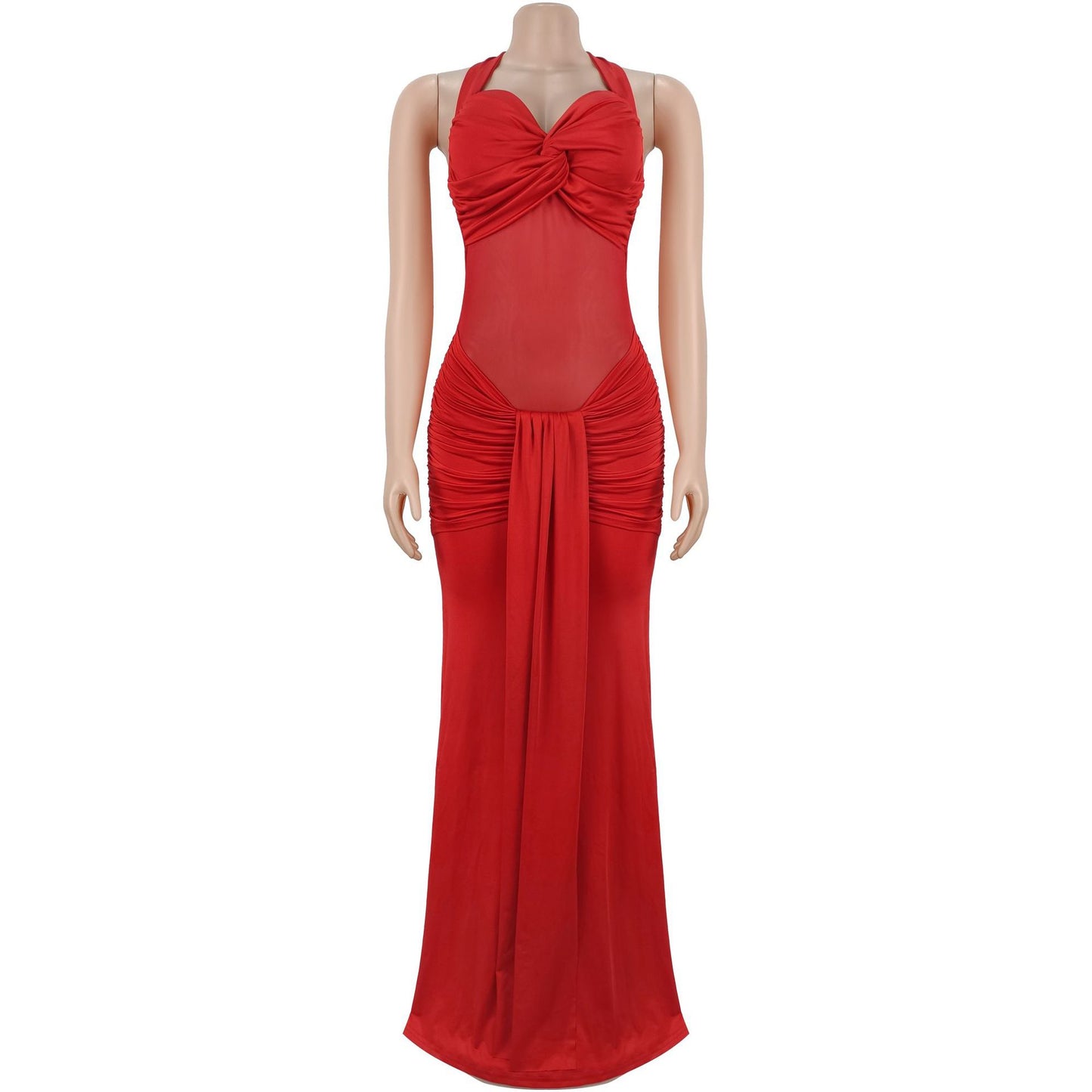 Sheer Mesh Halter Tie-Back Bodycon Dress | Tajstylo