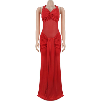 Sheer Mesh Halter Tie-Back Bodycon Dress | Tajstylo