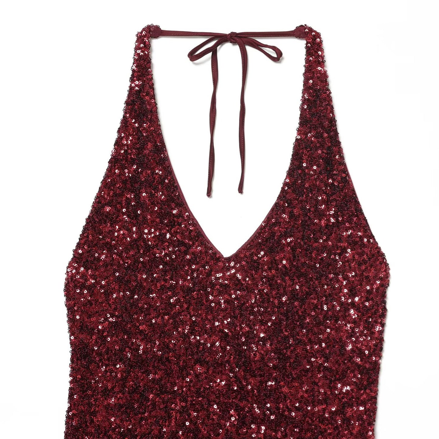Woman wearing Burgundy Beaded Deep V Neck Long Dress in a casual outdoor setting