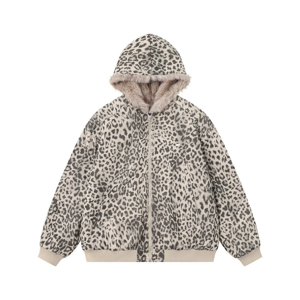 Woman wearing Leopard Print Hooded Cotton Jacket in an urban setting