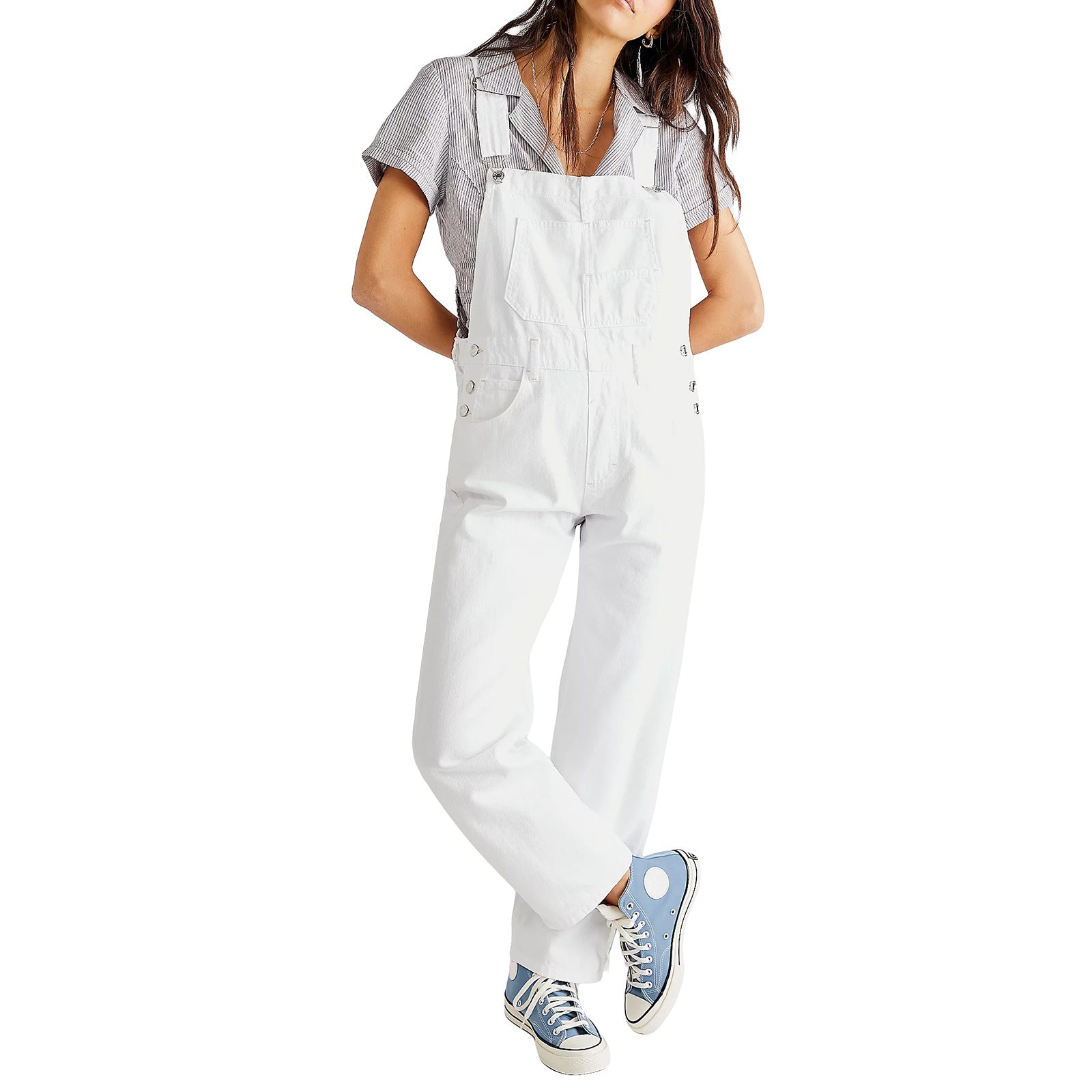 Woman wearing Strap Denim Pants in a casual setting