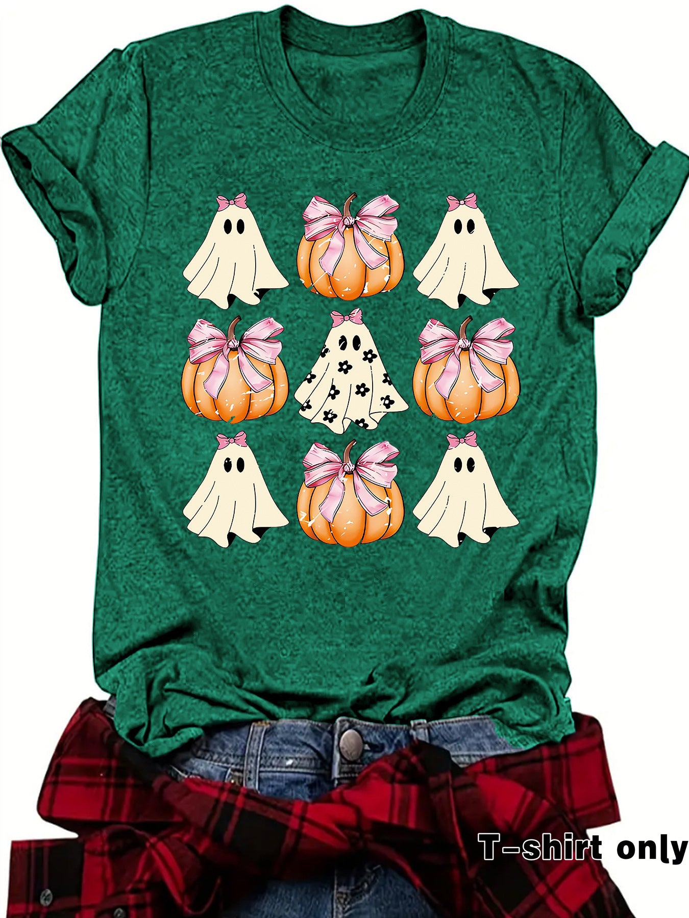 Woman wearing Funny Coquette Bow Pumpkin T-Shirt in a casual setting