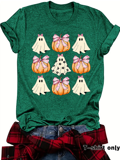 Woman wearing Funny Coquette Bow Pumpkin T-Shirt in a casual setting