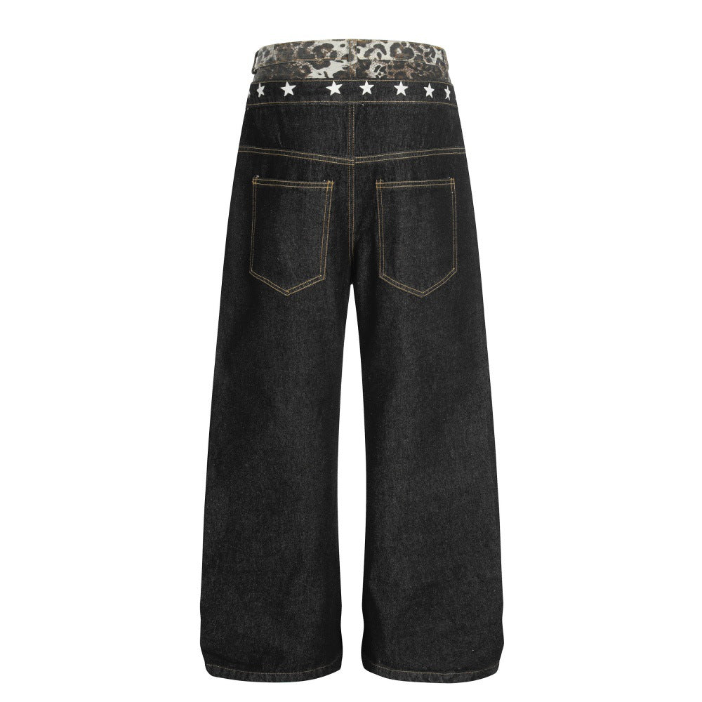 Woman wearing Leopard Print Spliced Denim Pants in urban setting