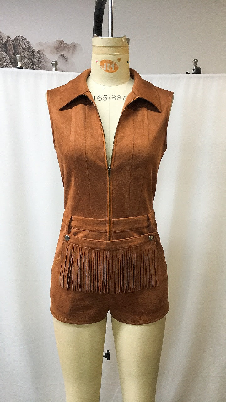Fringe Detail Suede Velvet Jumpsuit | Tajstylo