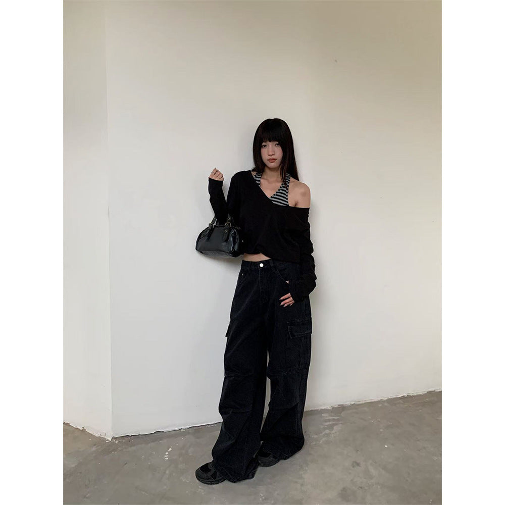 Woman wearing Street Style Cargo Denim Pants in an urban setting
