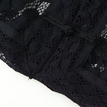 Buckle Embellished Lace Crochet Stand Collar Slim Fit Shirt | Tajstylo