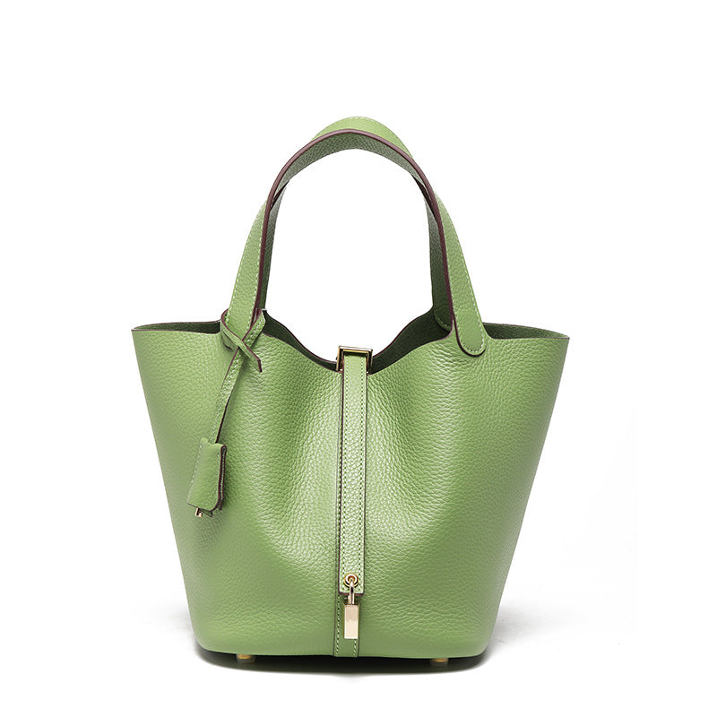 Women's Top Grain Cowhide Leather Bucket Bag – Model View | TajStylo