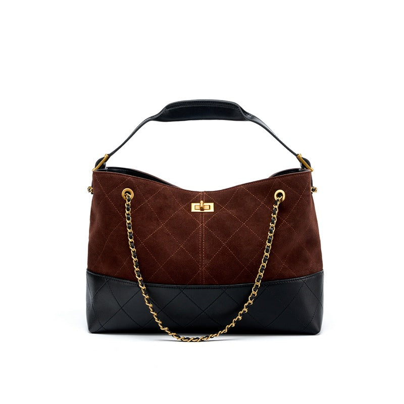 Women's Large Genuine Leather Frosted Suede Chain Shoulder Crossbody Tote Bag – Close-up View | TajStylo