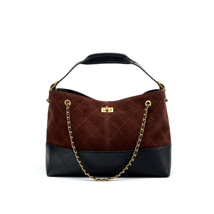 Women's Large Genuine Leather Frosted Suede Chain Shoulder Crossbody Tote Bag – Close-up View | TajStylo