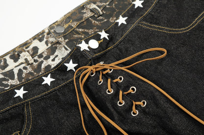 Leopard Print Spliced Denim Pants | Tajstylo