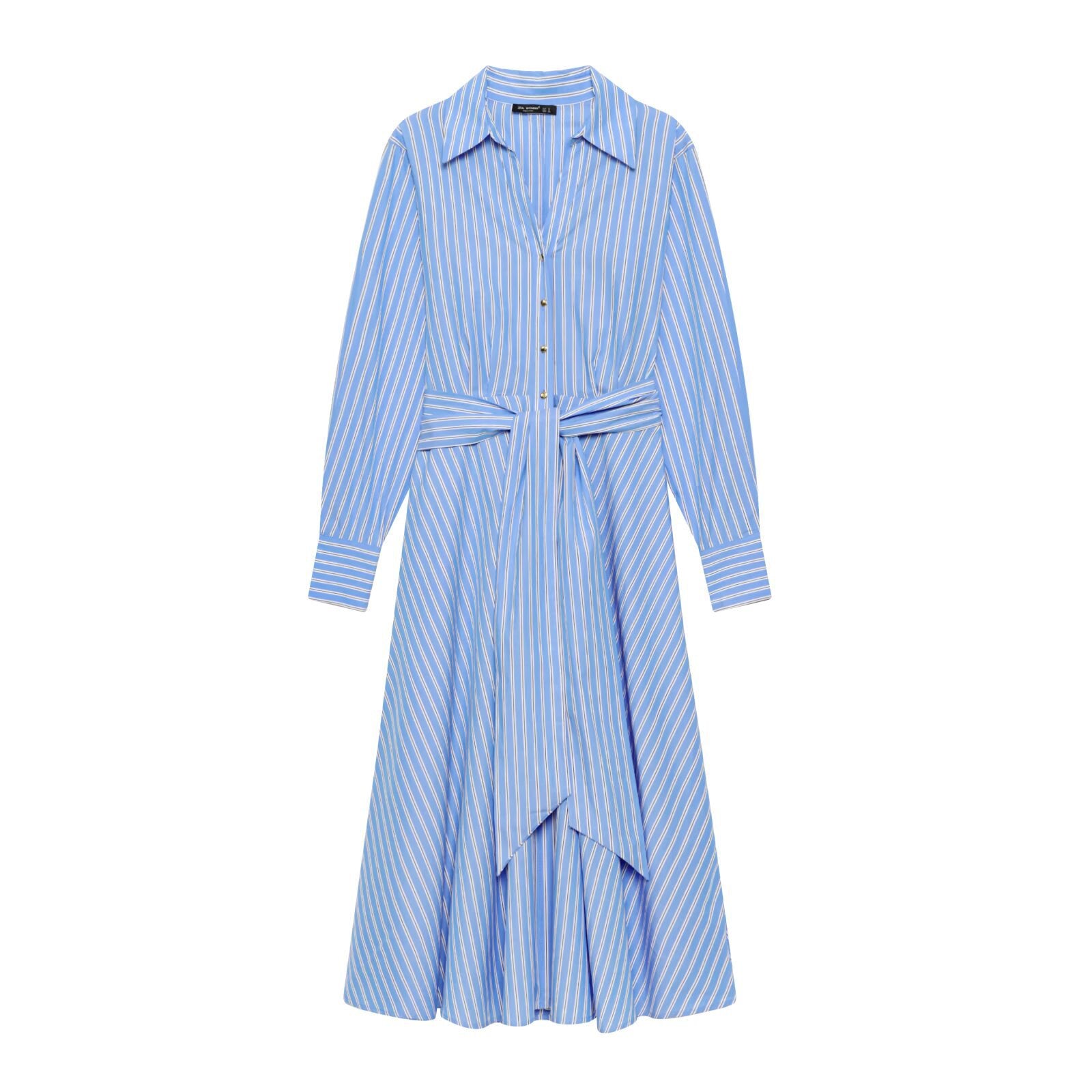 Woman wearing Elegant Stripe Polo Collar Long Sleeve Dress in a professional setting