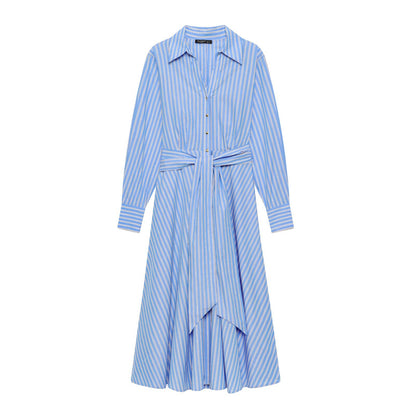 Woman wearing Elegant Stripe Polo Collar Long Sleeve Dress in a professional setting
