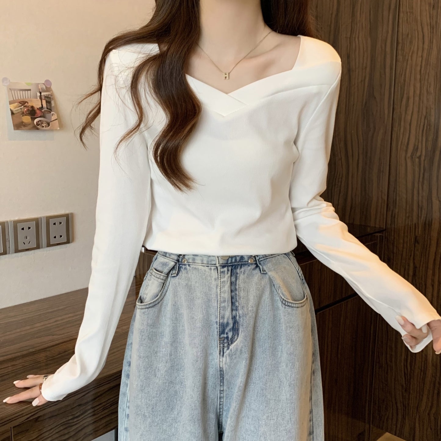 V Neck Long Sleeve Fleece Top | Tajstylo