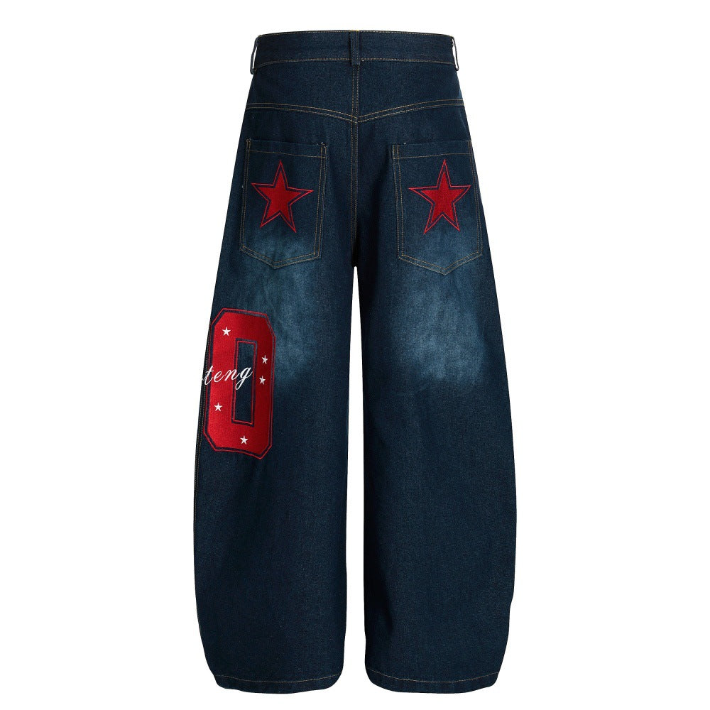 Five Pointed Star Embroidered Denim Cargo Pants | Tajstylo
