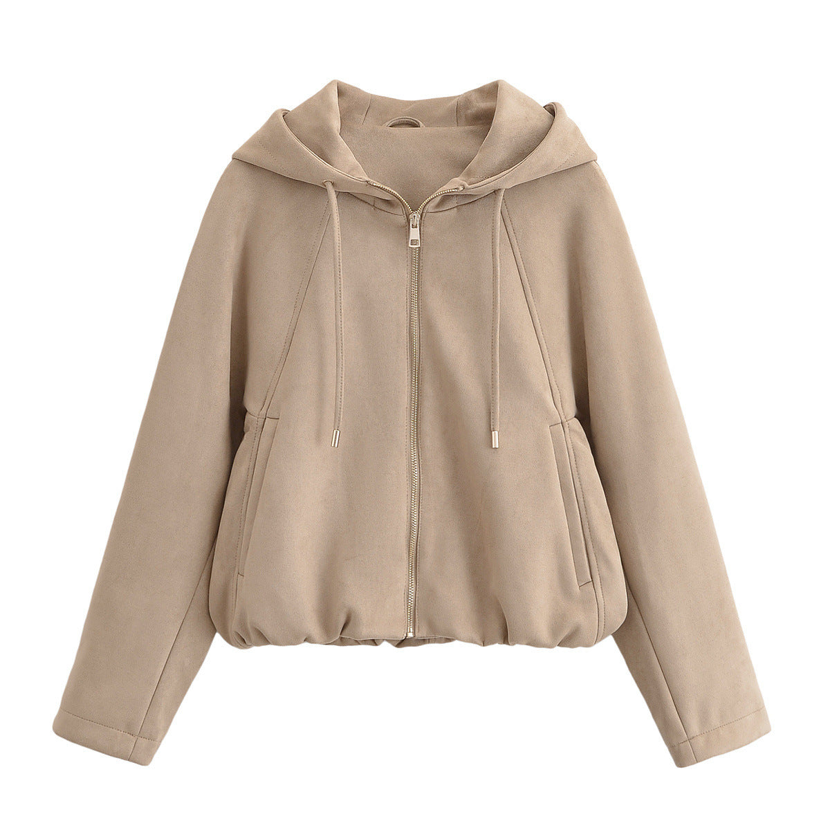 Woman wearing Hooded Suede Look Jacket in an autumn park