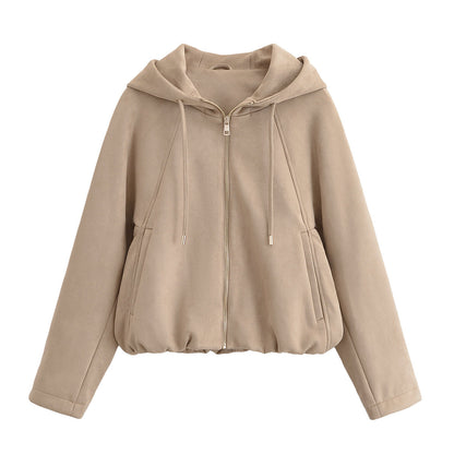 Woman wearing Hooded Suede Look Jacket in an autumn park