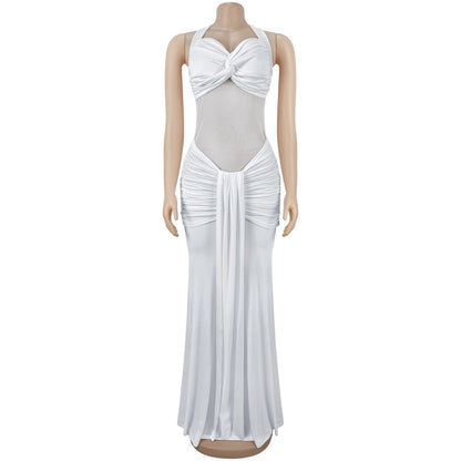 Sheer Mesh Halter Tie-Back Bodycon Dress | Tajstylo