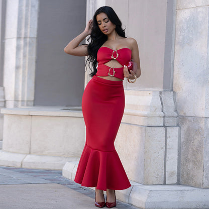 Woman wearing Strapless Lace Trim Top and Bodycon Skirt Set in an elegant evening setting