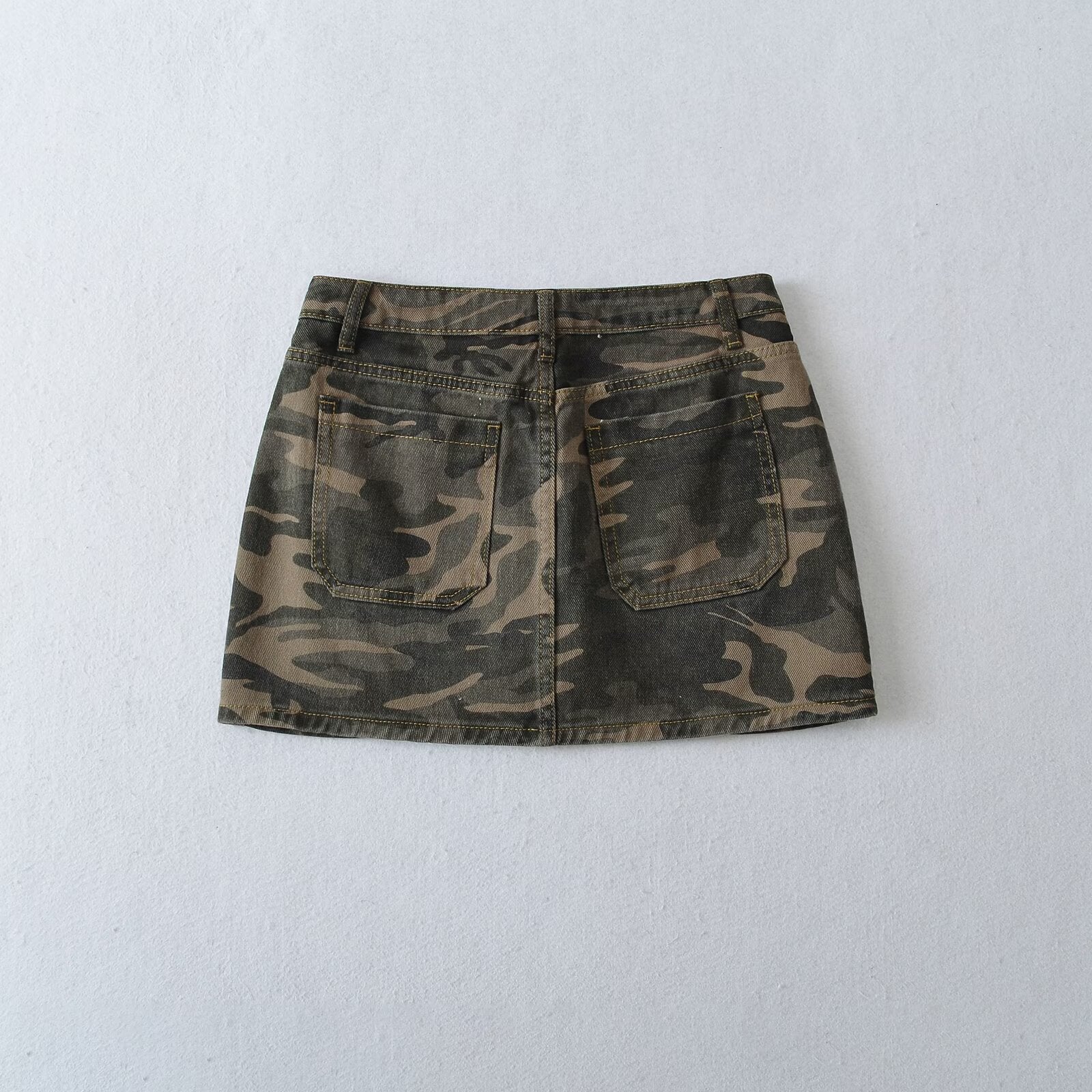 Woman wearing Camouflage Denim Skirt Shorts for Women in a casual outdoor setting