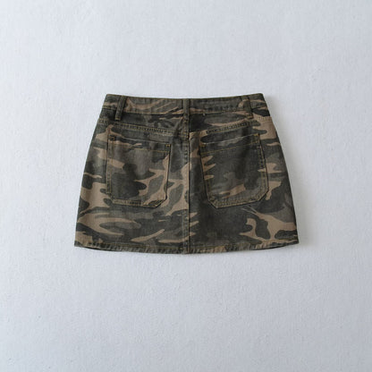Woman wearing Camouflage Denim Skirt Shorts for Women in a casual outdoor setting