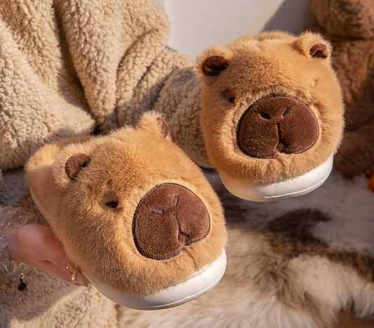 Unisex Cute Capybara Warm Fuzzy Thick Sole Non-Slip Cotton Slippers – Front View | TajStylo