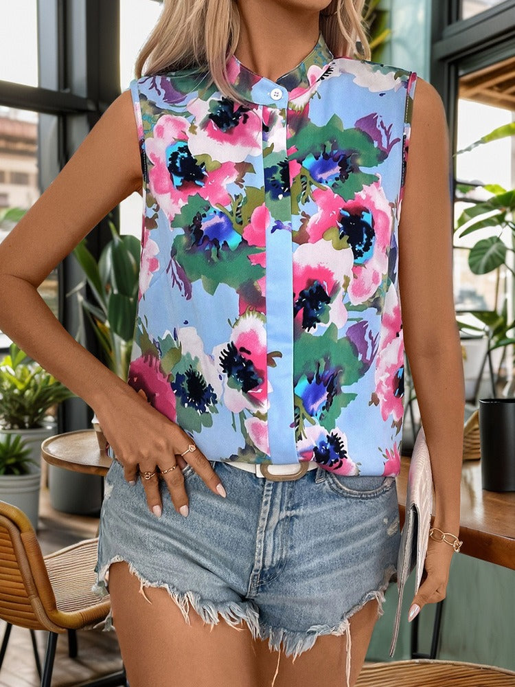 Woman wearing Ethnic Style Stand Up Collar Sleeveless Shirt in summer setting
