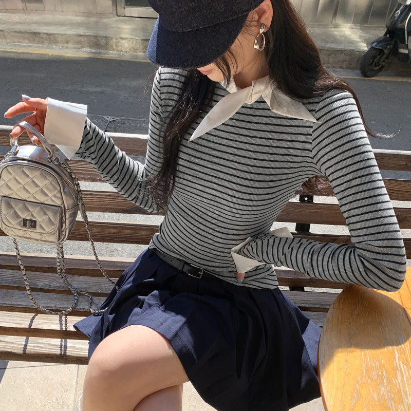 Woman wearing Women's Stripe Mock Neck Tie-Front Top in a stylish setting