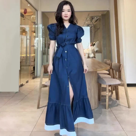 Loose Ruffle Denim Summer Dress | Tajstylo