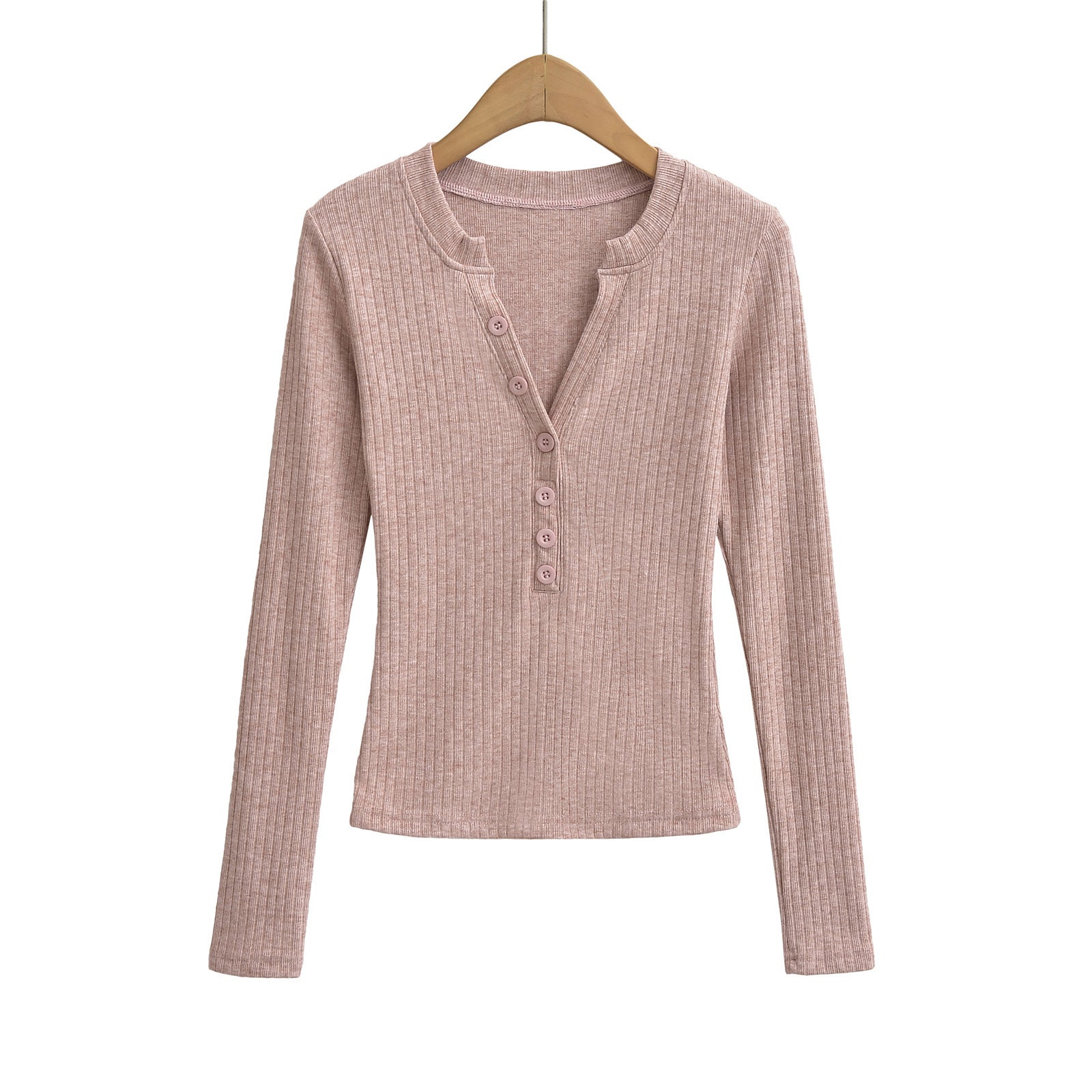 Woman wearing Women's V Neck Long Sleeve Slim Top in a casual setting