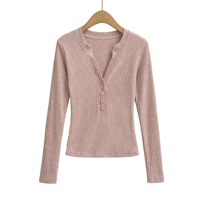 Woman wearing Women's V Neck Long Sleeve Slim Top in a casual setting