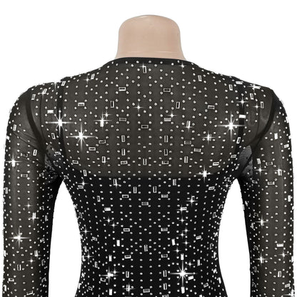 Sexy Mesh Rhinestone Bodycon Mini Dress | Tajstylo