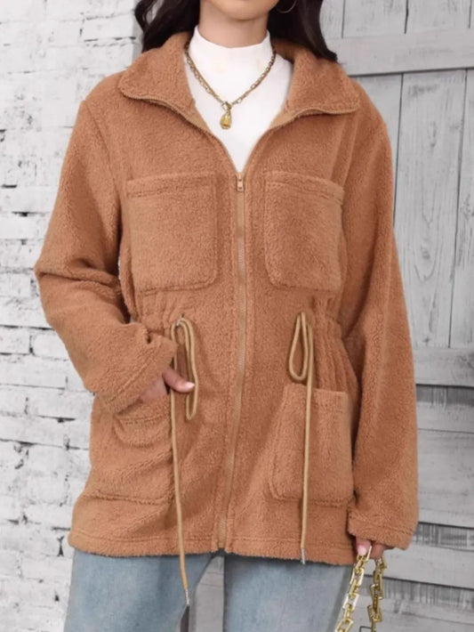 Drawstring Zip Up Long Sleeve Jacket | Tajstylo