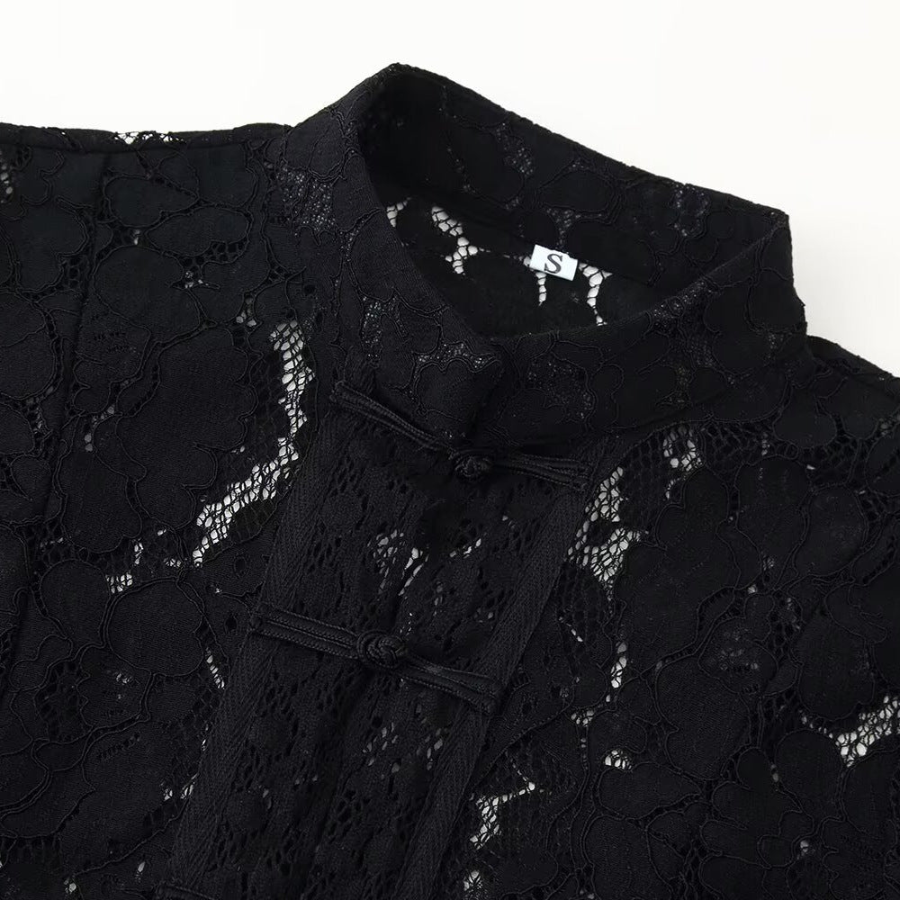 Buckle Embellished Lace Crochet Stand Collar Slim Fit Shirt | Tajstylo