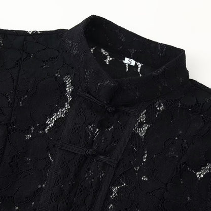 Buckle Embellished Lace Crochet Stand Collar Slim Fit Shirt | Tajstylo