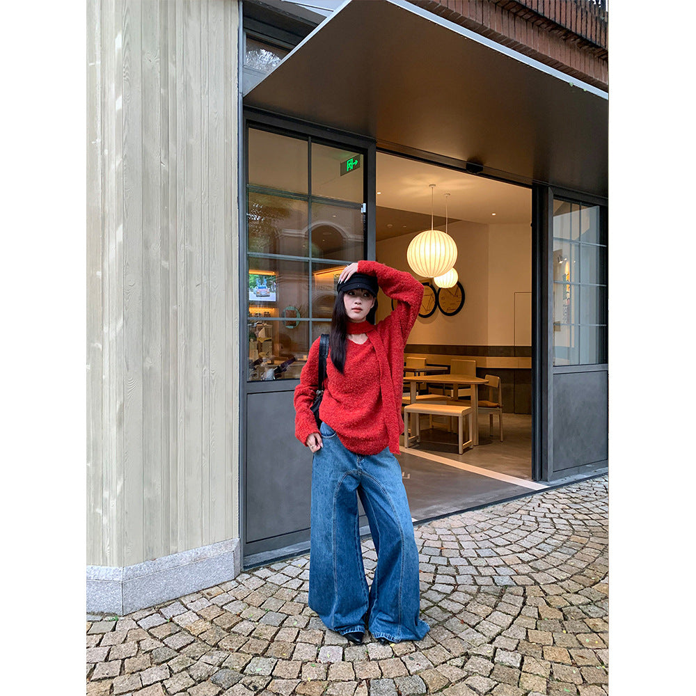 Woman wearing Retro Wide Leg Denim Pants in a casual setting