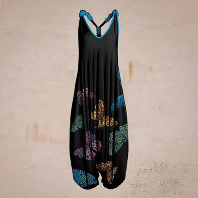 Woman wearing Printed Sleeveless Loose Knit Overalls in a city setting