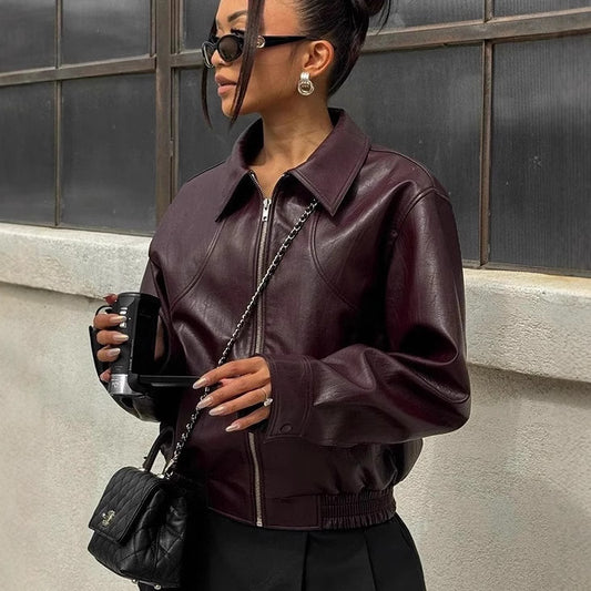 Woman wearing Casual Suede Jacket in a casual outdoor setting