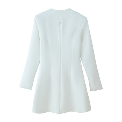 White Stand Collar Waist Cinching Dress | Tajstylo