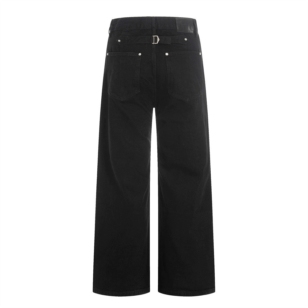 Woman wearing Black Straight Leg Denim Pants in an urban setting