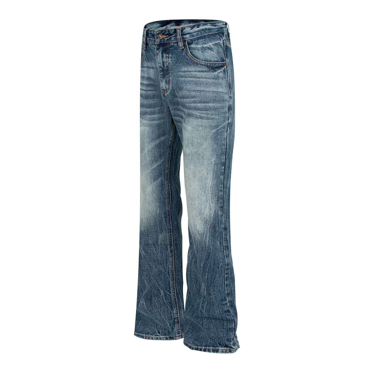 Woman wearing Washed Catwhisker Lightning Pattern Denim Pants in a casual setting