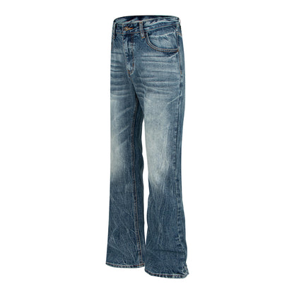 Woman wearing Washed Catwhisker Lightning Pattern Denim Pants in a casual setting